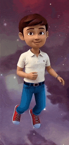 a cartoon boy is flying through the air
