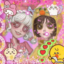 two anime girls are standing next to each other on a pink background surrounded by hearts .