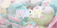 a sign that says fluffy join us with a basket of stuffed animals in the background