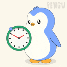 a penguin holding a green clock with the word pengu on the bottom right