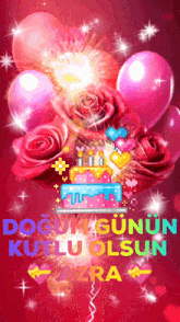 a birthday card with a cake and balloons and the words dogum gunun kutlu olsun