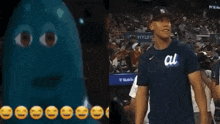 a man wearing a ny yankees shirt stands in front of a crowd of people