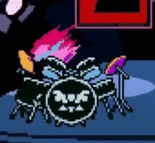a pixel art illustration of a drum set with a skull on it .