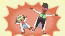 a cartoon of a woman and a boy wearing lab coats