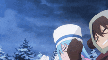 a couple of anime characters standing next to each other in a snowy forest