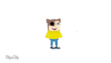 a cartoon character wearing a yellow shirt and blue jeans