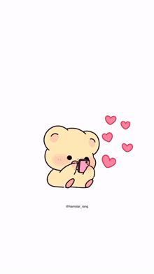 a drawing of a teddy bear holding a cell phone with hearts around it