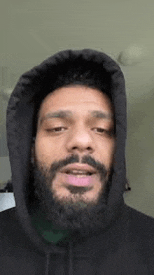 a man with a beard is wearing a hoodie and talking .