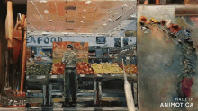 a painting of a man standing in front of a seafood stand