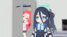 a girl with long black hair and blue eyes is standing in front of a locker that says lsnm