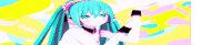 a girl with long blue hair and headphones is standing in front of a colorful background and making a heart shape with her hands .