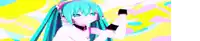 a girl with long blue hair and headphones is standing in front of a colorful background and making a heart shape with her hands .