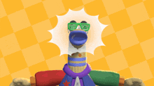 a cartoon character wearing sunglasses and a sock on a yellow checkered background
