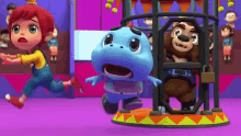 a cartoon character is running away from a cage with a monkey in it