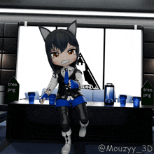 a 3d rendering of a girl sitting in front of a island sign