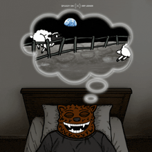 a cartoon of a man sleeping with a thought bubble that says ' sfuzzy on '