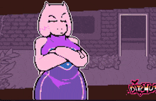 a pixel art drawing of a woman with her arms crossed in front of a brick wall