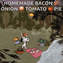 a cartoon of snoopy and woodstock having a picnic with homemade bacon onion tomato pie