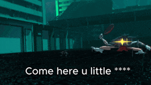 a cartoon character is holding a frying pan and the words come here u little