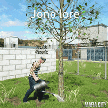 a man watering a tree with the name jono lore