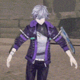 a man in a purple jacket is holding a shield in his hands .