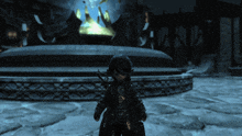 a video game character is standing in front of a statue