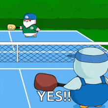 a cartoon of a penguin holding a paddle and the words yes