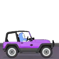 a purple jeep with a penguin in the driver 's seat and a welcome sign behind it
