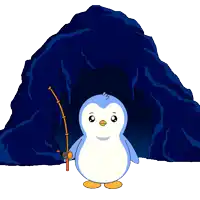 a cartoon penguin is holding a wand in front of a dark cave