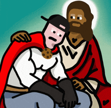 a cartoon of jesus holding a man with a cookie on his chest