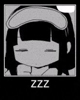 a black and white drawing of a girl wearing a sleep mask with the word zzz below it .