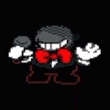 a pixel art of a man wearing a bow tie and gloves on a black background .