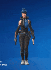 a person in a blue and black outfit is standing on a blue background that says ms1