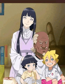 a family of anime characters posing for a picture with a cake in the background