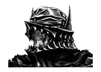 a black and white drawing of a man wearing a helmet with teeth