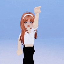 a girl with long red hair is wearing a white shirt and black pants