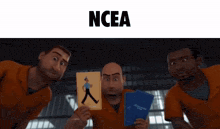a group of cartoon characters are holding cards and one of them is holding a card with a man on it .