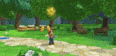 a cartoon of mario standing in a park holding a star