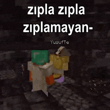 a couple of minecraft characters standing next to each other on a rock with the words zipla zipla ziplamayan written above them .