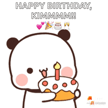 a panda bear is holding a birthday cake with a candle and says happy birthday kimmm