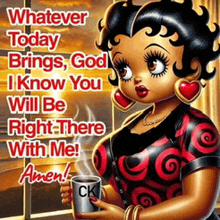 a picture of betty boop holding a cup of coffee with a prayer
