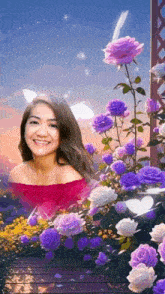 a woman in a pink top is surrounded by purple roses and white roses .