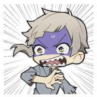 a cartoon drawing of a boy with a purple face and a u on his forehead