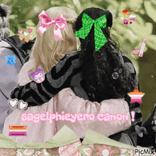 a picture of a girl hugging another girl with the caption sagelphieyero canon