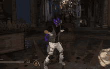 a man in a purple mask is dancing in a video game with 103 in the corner