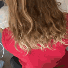 the back of a woman 's head with long blonde hair