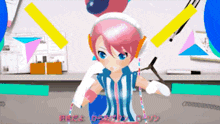 a cartoon girl with pink hair and headphones stands in front of a desk