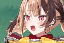 a close up of a anime girl with pink eyes and a yellow jacket .