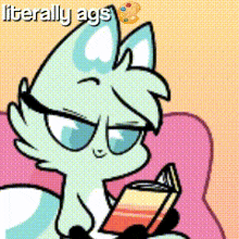 a cartoon of a cat reading a book with the words literally ags on the bottom