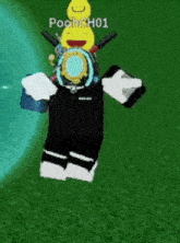 a cartoon character is standing in the grass with a smiley face on his head and holding a gun .